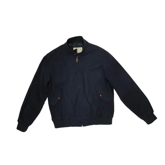 Orvis Jacket Navy Blue Wool Blend Bomber Mens L Tartan Plaid Lining Button Coat